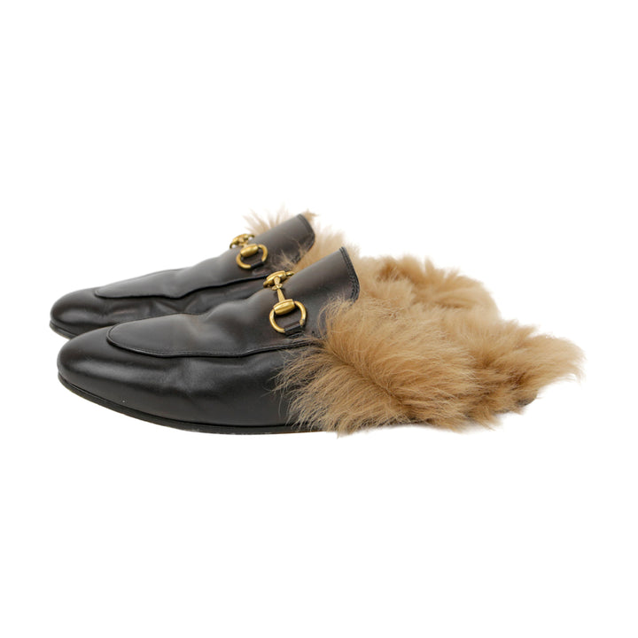 Gucci Princetown Black Leather Fur Mules