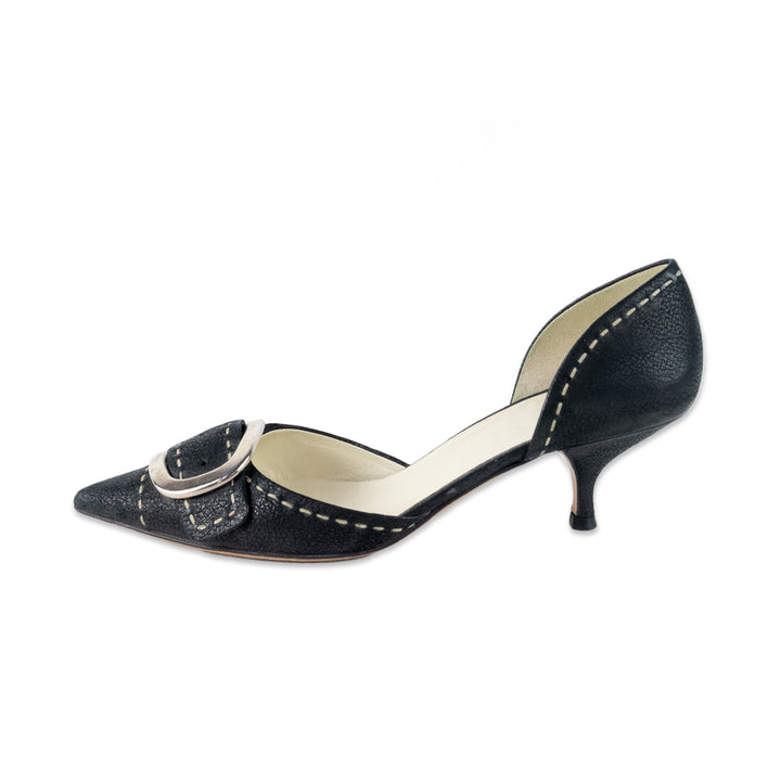 Prada Leather Kitten Heels with Pointed Toe and Silver Buckle