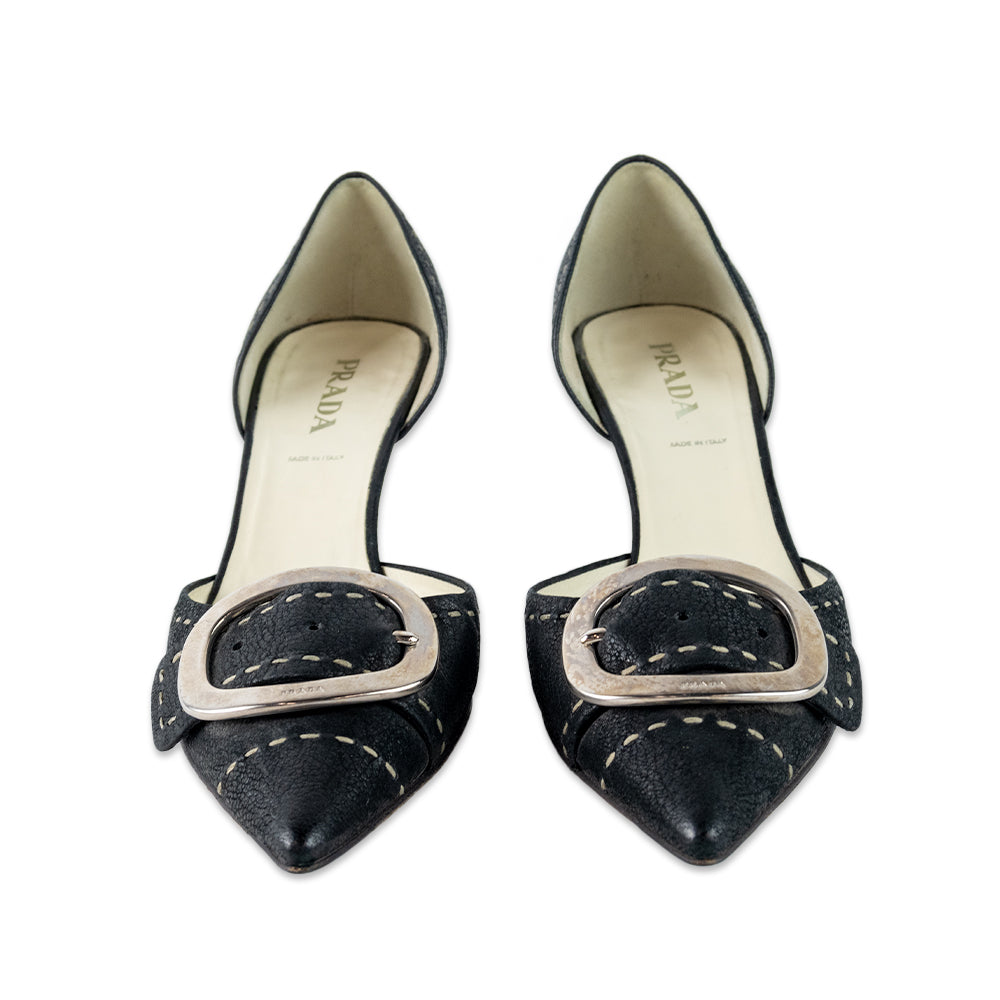 Prada Leather Kitten Heels with Pointed Toe and Silver Buckle