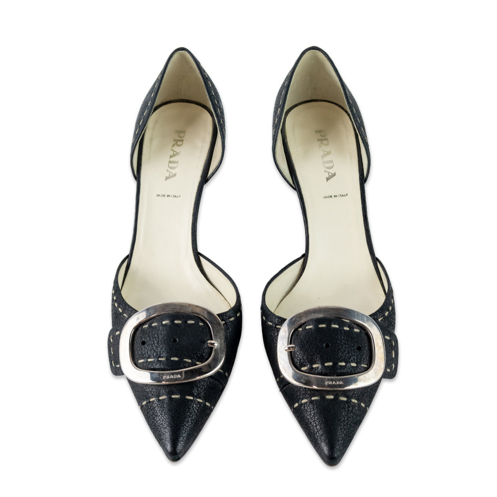 Prada Leather Kitten Heels with Pointed Toe and Silver Buckle