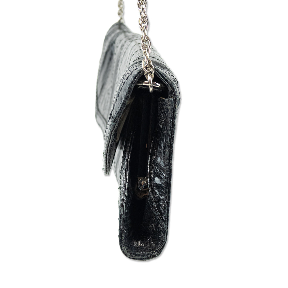 PURE Black Snakeskin Flip Clutch with Detachable Silver Chain