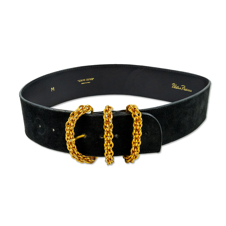 Paloma Picasso Black Suede Gold Chain Buckle Wide Belt