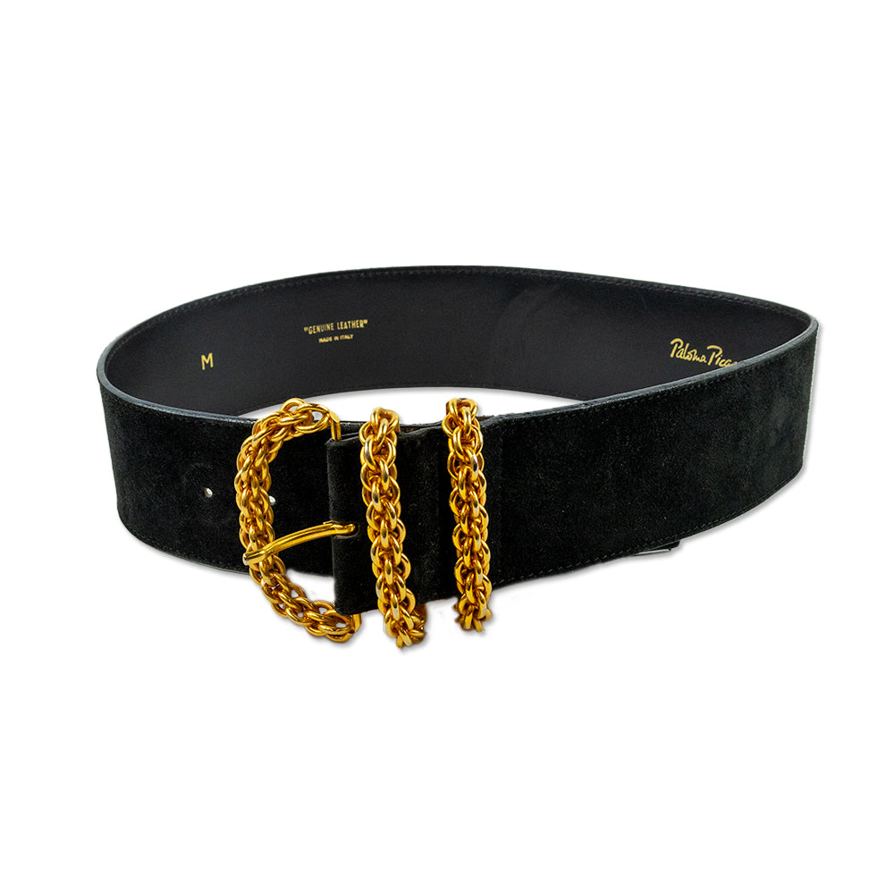 Paloma Picasso Black Suede Gold Chain Buckle Wide Belt