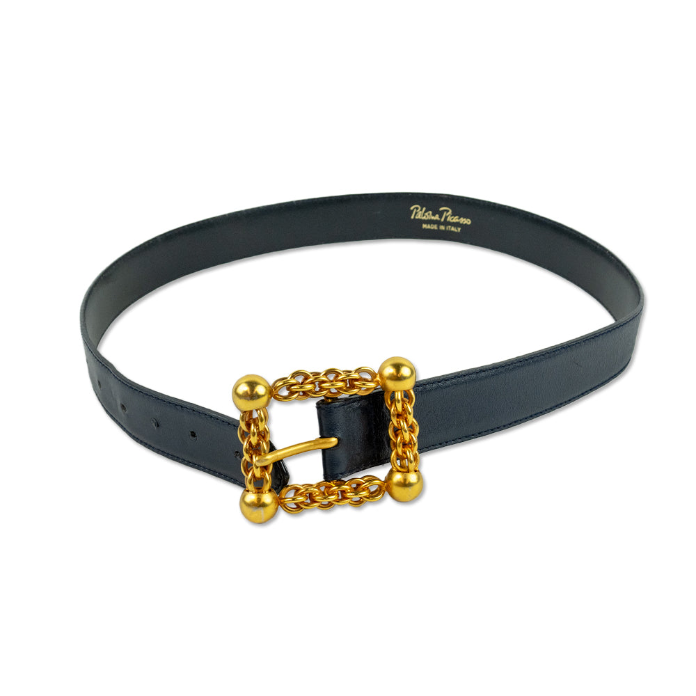 Paloma Picasso Navy Leather Gold Square Chain Buckle Skinny Belt