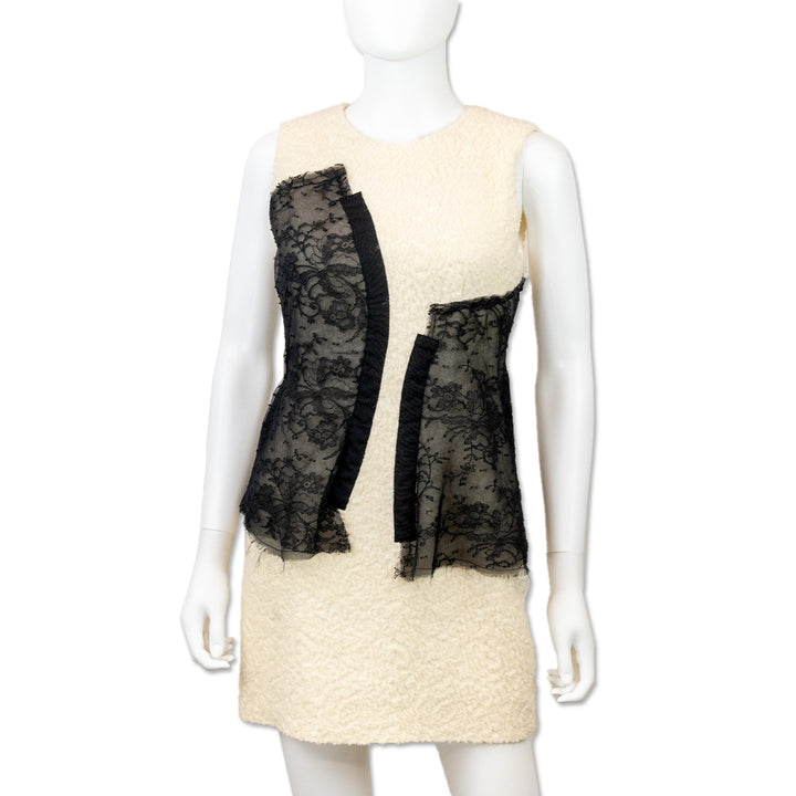 Prabal Gurung White Sherpa Wool Black Floral Lace Sleeveless Dress