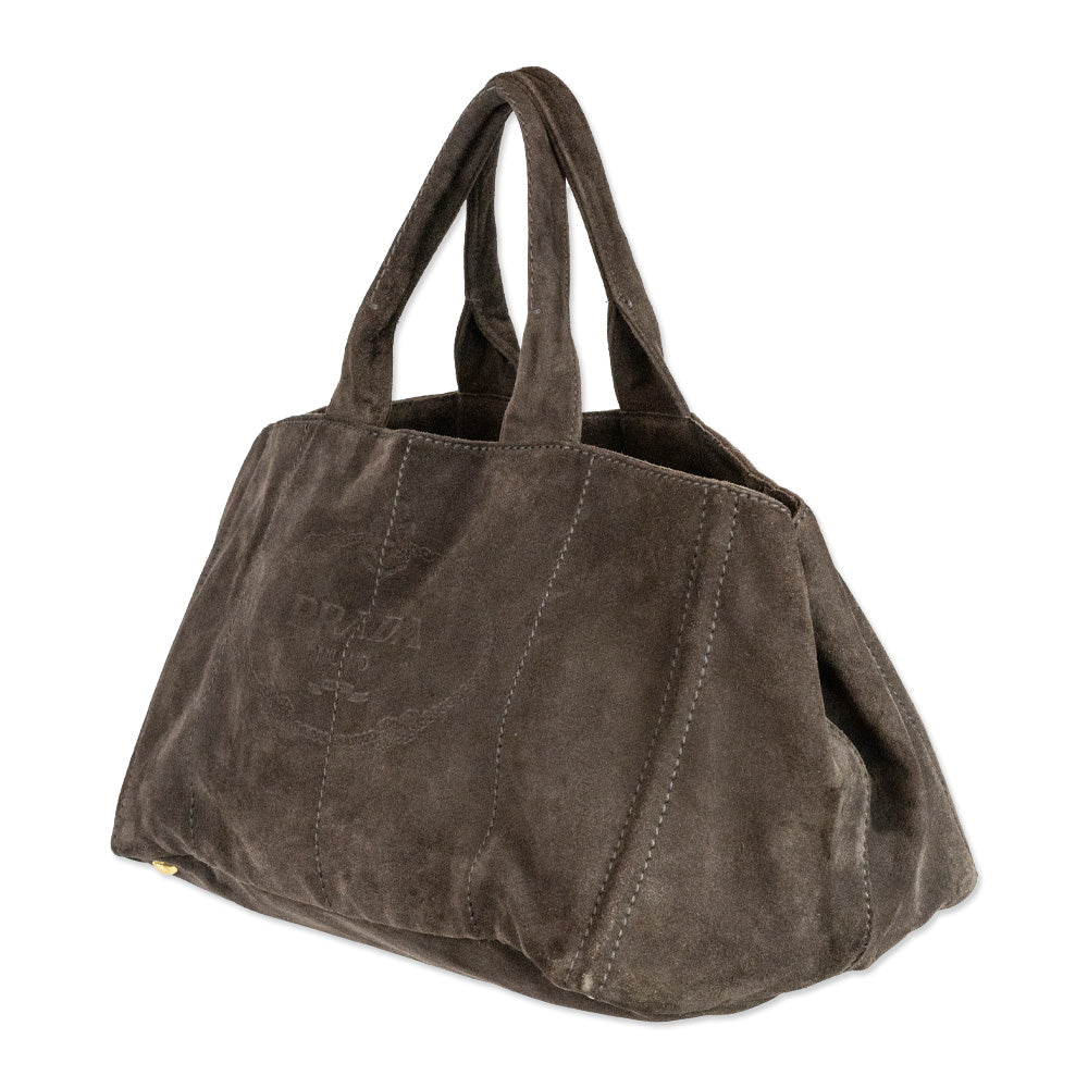 Prada Brown Suede Scamosciato Embossed Logo Tote