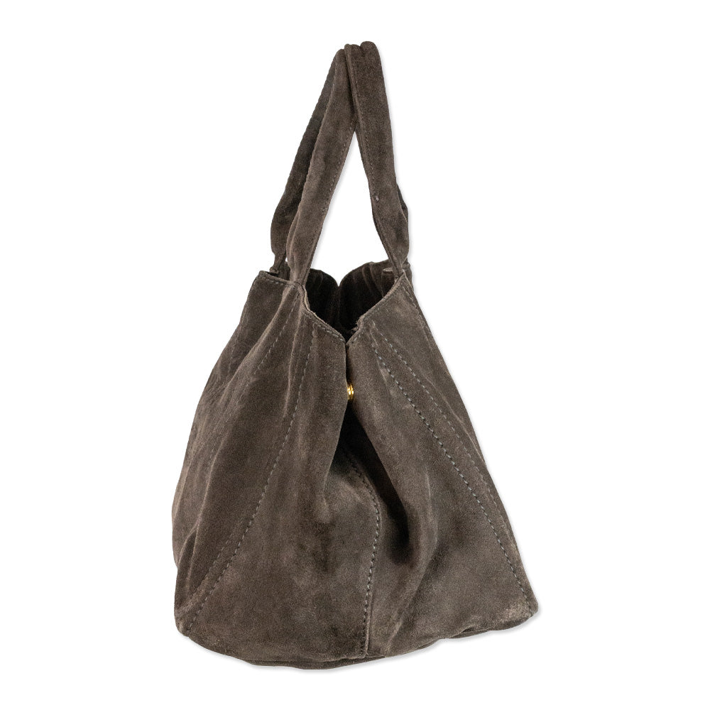 Prada Brown Suede Scamosciato Embossed Logo Tote