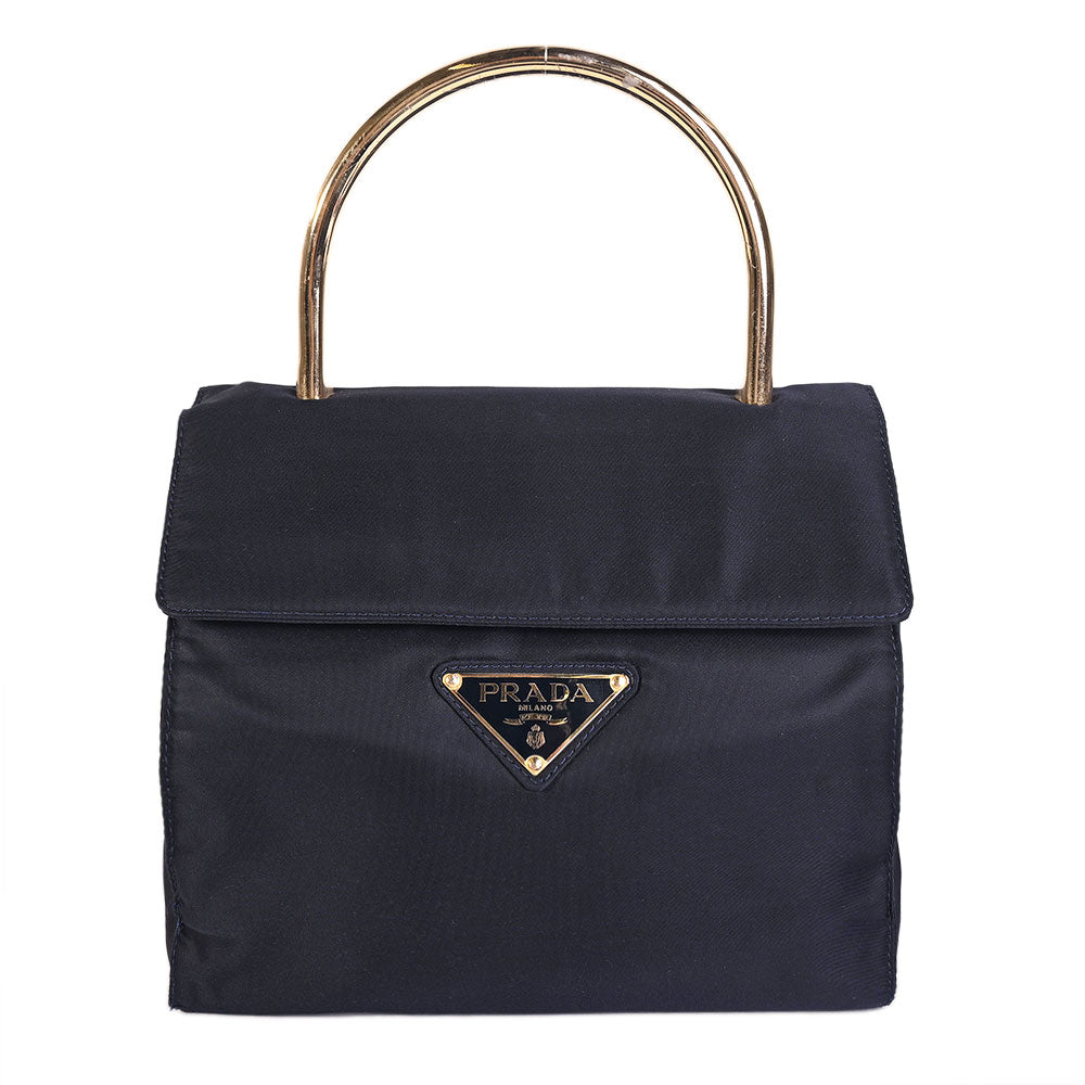 Prada Vintage Navy Nylon Gold Handle Bag