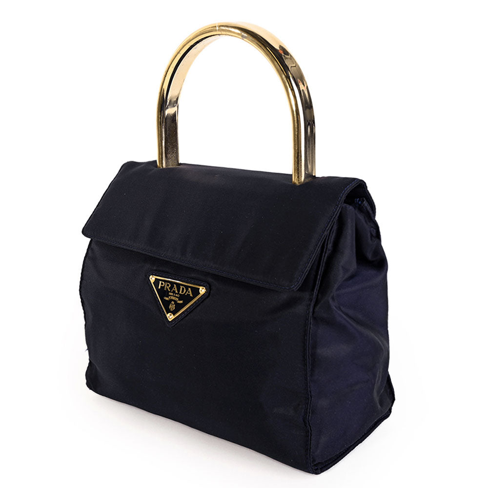 Prada Vintage Navy Nylon Gold Handle Bag