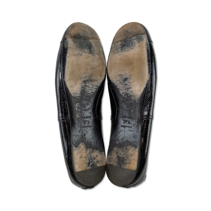 Prada Black Crinkled Patent Leather Bow Ballet Flats