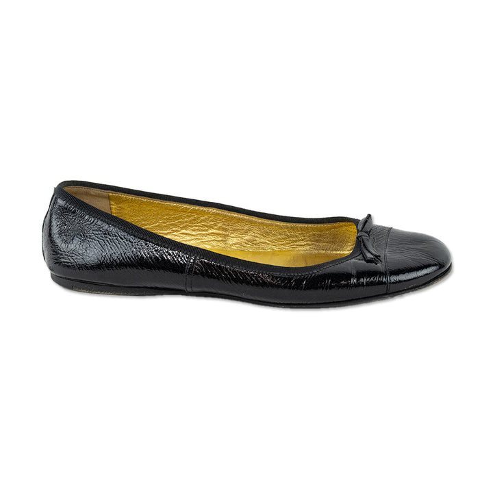 Prada Black Crinkled Patent Leather Bow Ballet Flats