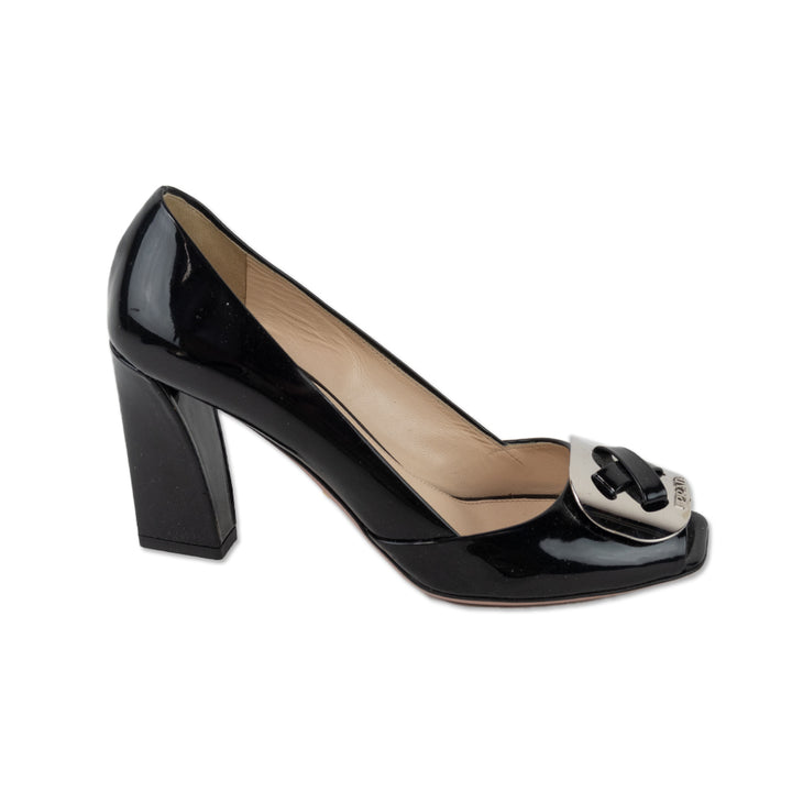 Prada Black Patent Leather Silver Button Peep-Toe Pumps