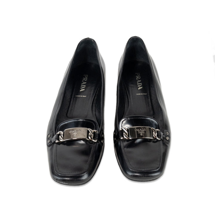 Prada Black Patent Leather Square Toe Loafers