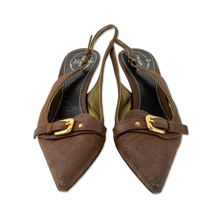 Prada Brown Leather Pointed Toe Slingback Pumps with Gold Buckle