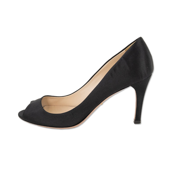 Prada Calzature Donna Black Silk Twill Peep Toe Pumps