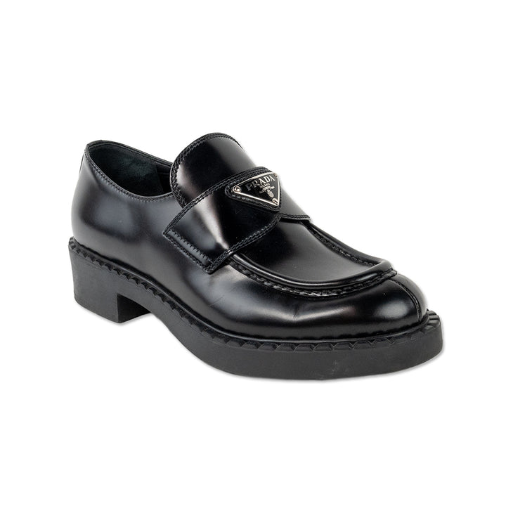 Prada Black Leather Lug Sole Logo Loafers