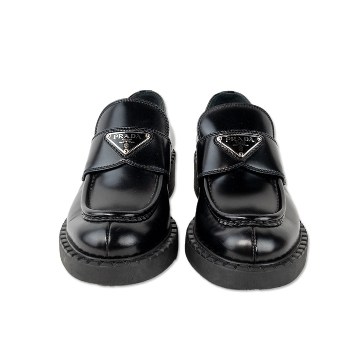 Prada Black Leather Lug Sole Logo Loafers