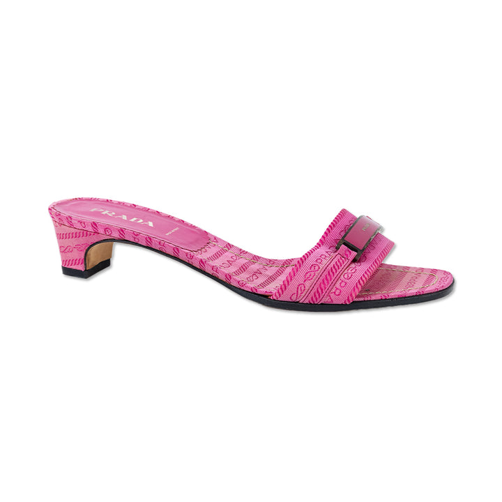 Prada Pink Canvas Logo Plaque Heeled Sandals