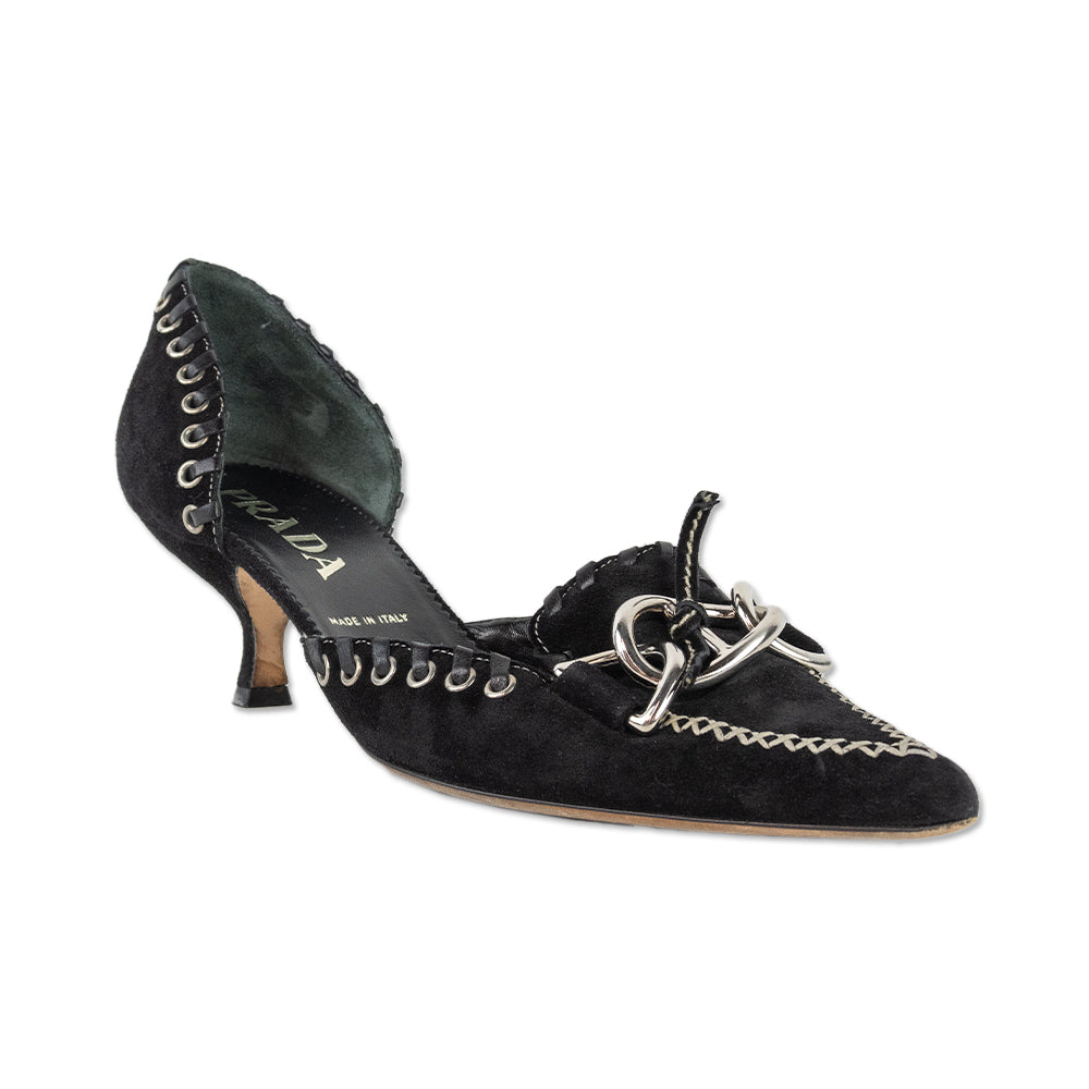 Prada Pointed Toe Silver Buckle & Grommet Black Suede Kitten Heel