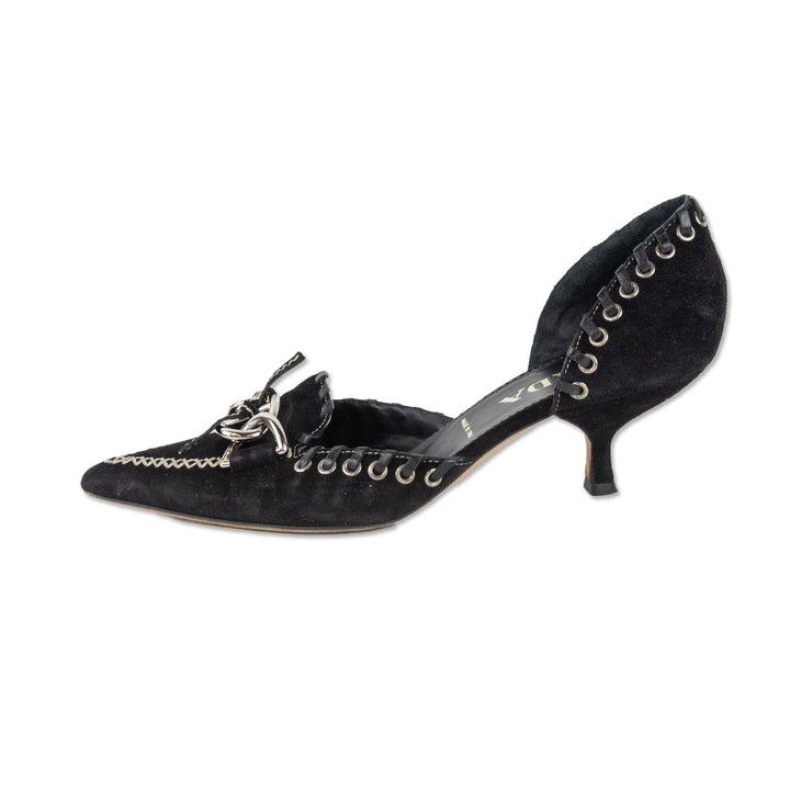 Prada Pointed Toe Silver Buckle & Grommet Black Suede Kitten Heel