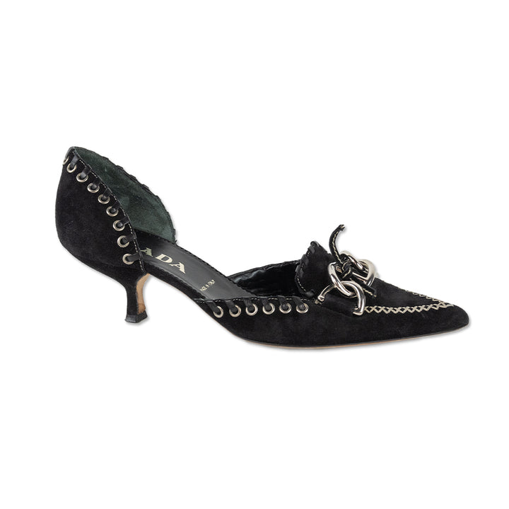 Prada Pointed Toe Silver Buckle & Grommet Black Suede Kitten Heel