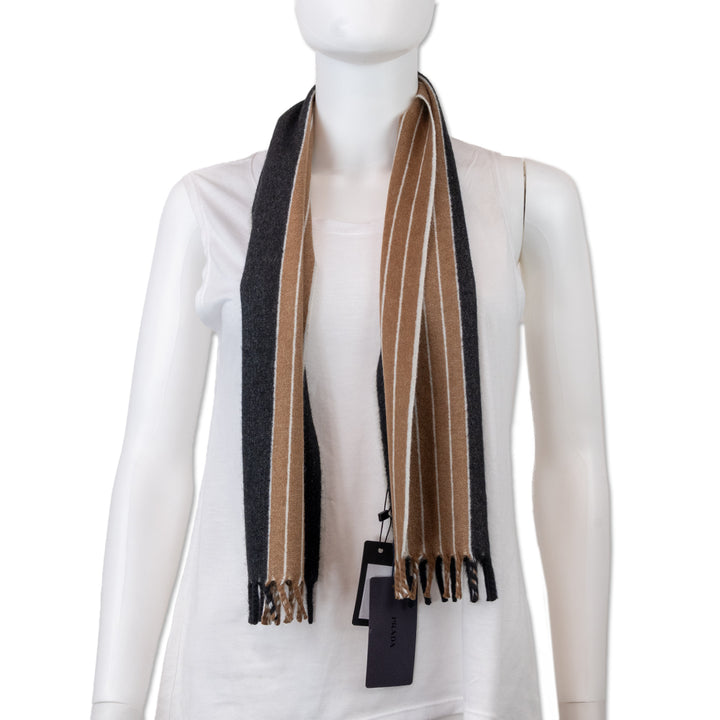 Prada Tobacco Pinstripe Cashmere Fringe Scarf