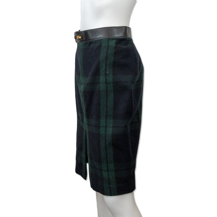 Ralph Lauren Black Label Black Watch Wool/Cashmere Tartan Leather Trim Skirt