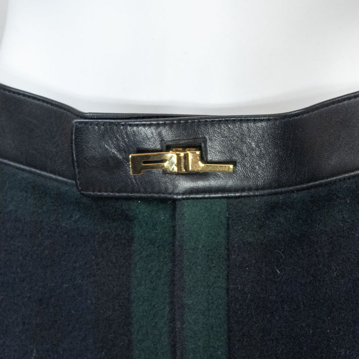 Ralph Lauren Black Label Black Watch Wool/Cashmere Tartan Leather Trim Skirt