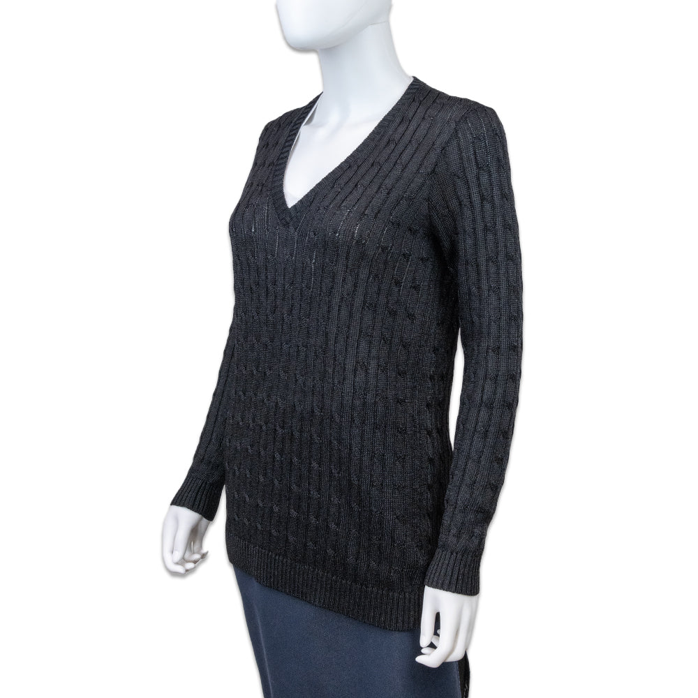 Ralph Lauren Black Label Metallic Black Cable-Knit V-Neck Sweater