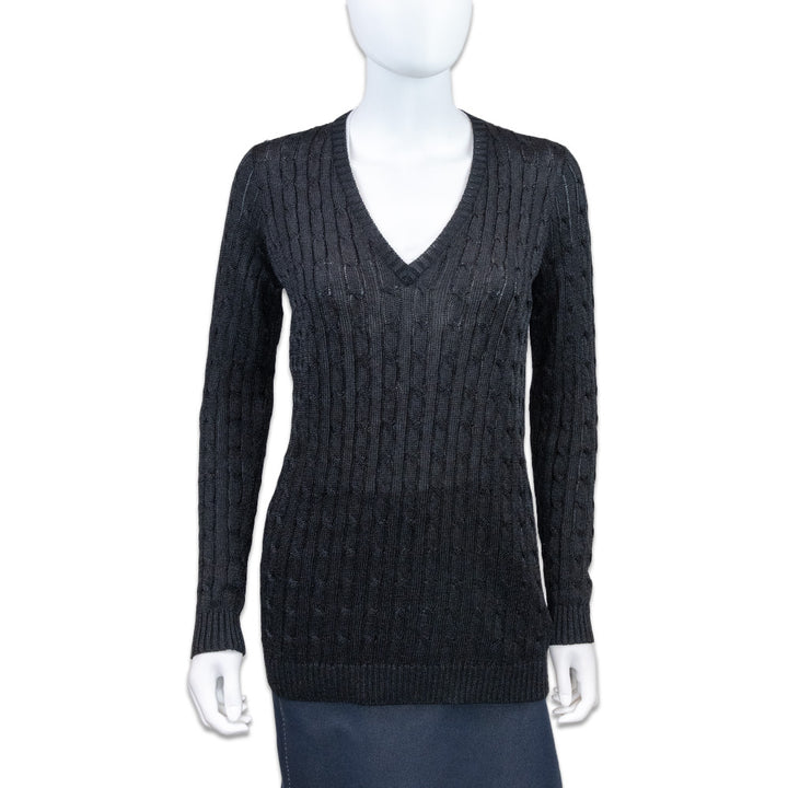 Ralph Lauren Black Label Metallic Black Cable-Knit V-Neck Sweater