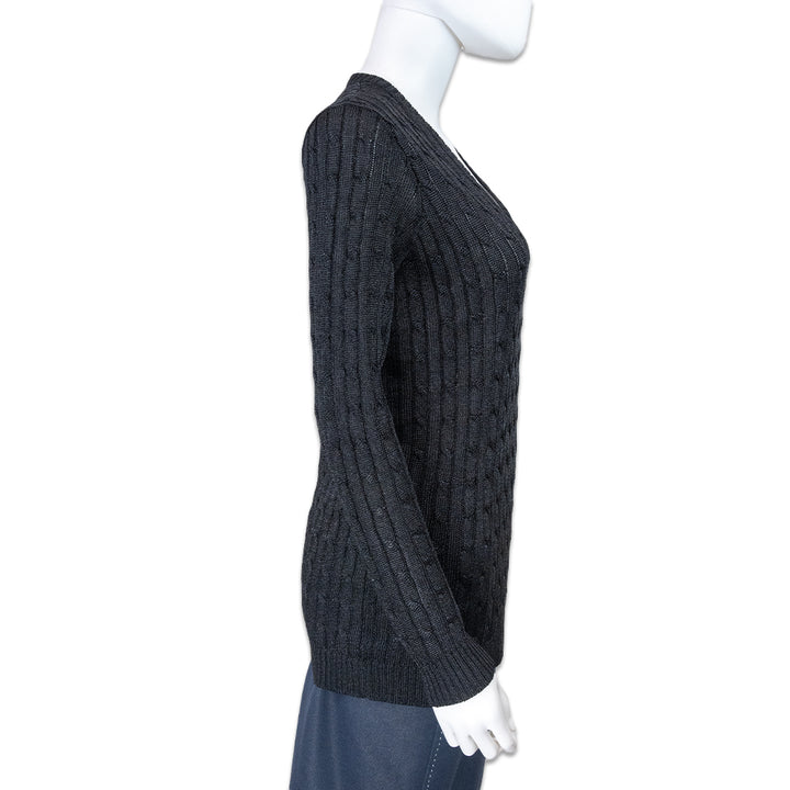 Ralph Lauren Black Label Metallic Black Cable-Knit V-Neck Sweater