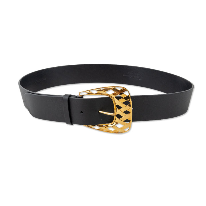 Ralph Lauren Black Leather Woven Gold Buckle Belt