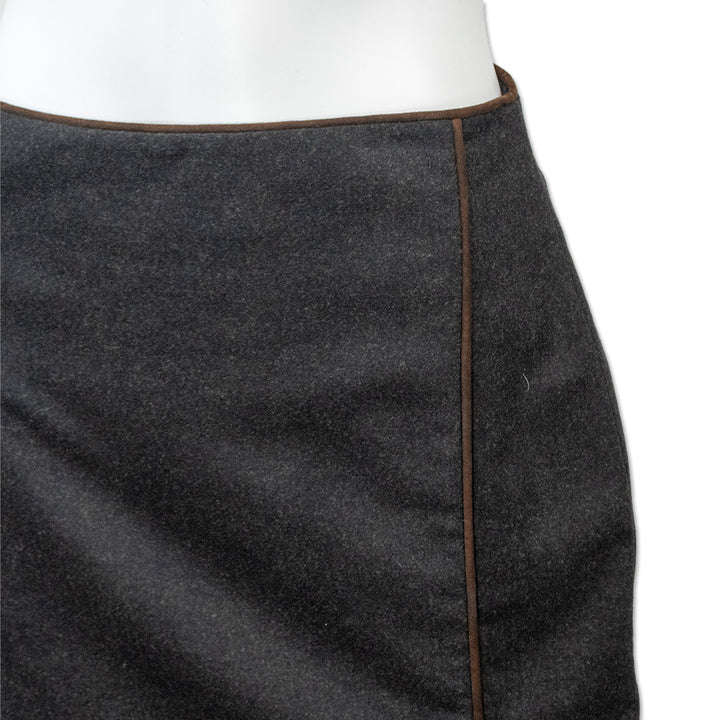 Ralph Lauren Charcoal Wool Midi Skirt with Brown Suede Piping