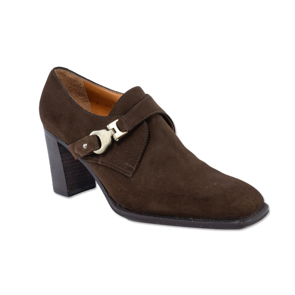 Ralph Lauren Collection Brown Suede Monk Strap Block Heel Pumps