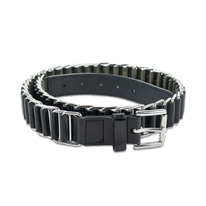 Ralph Lauren Silver Metal Chain Black Leather Belt