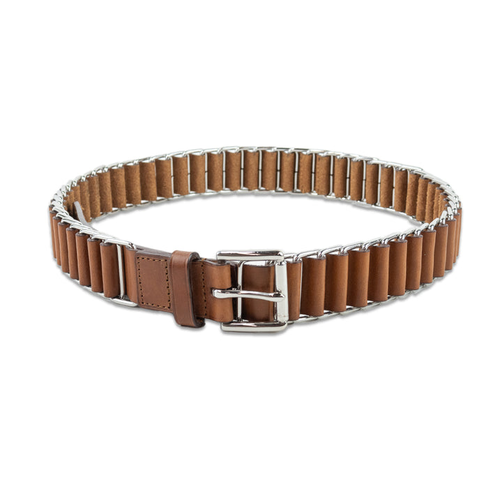 Ralph Lauren Silver Metal Chain Tan Leather Belt