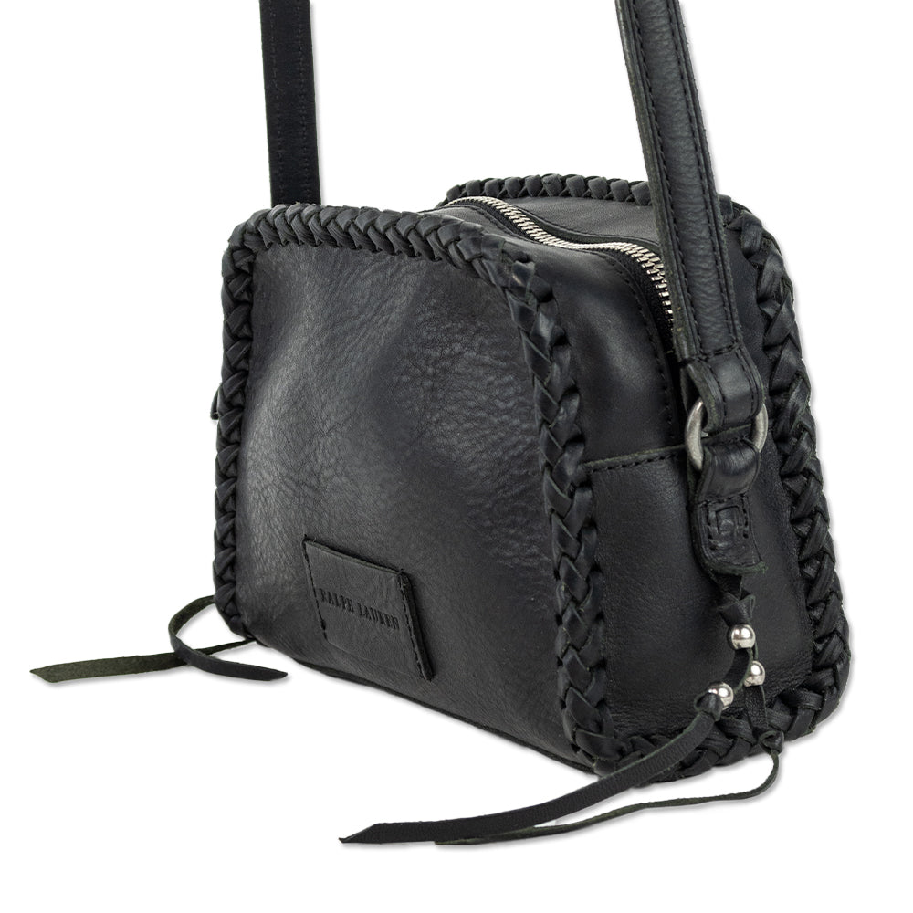 Ralph Lauren Woven Trim Black Leather Crossbody