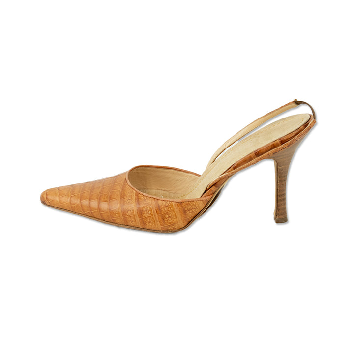 René Caovilla Croc Tan Leather Slingback Pumps