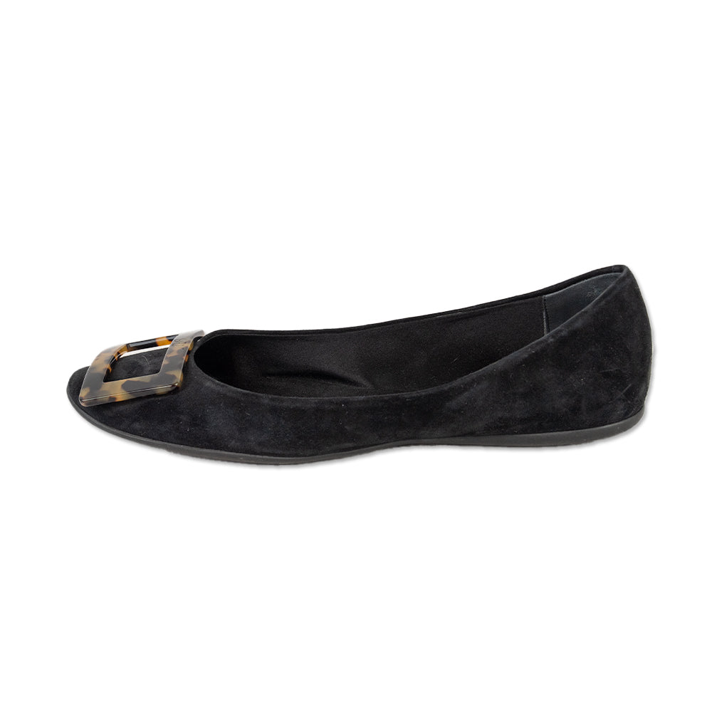 Roger Vivier Black Suede Gommettine Turtle Buckle Flats