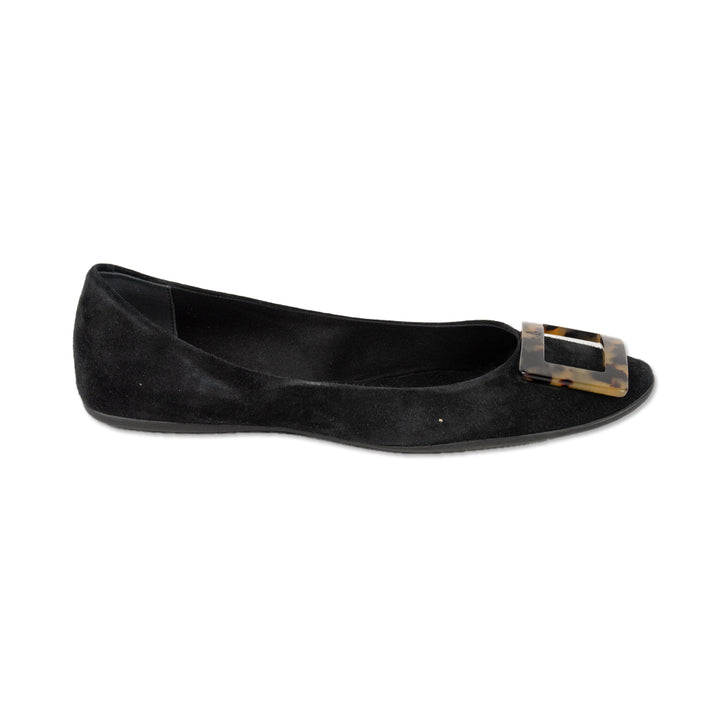 Roger Vivier Black Suede Gommettine Turtle Buckle Flats