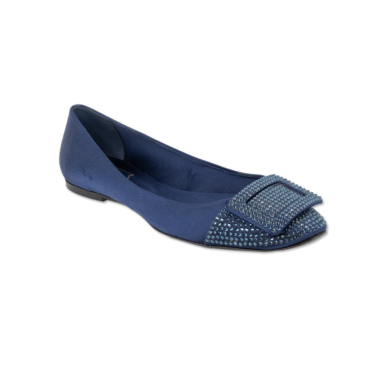 Roger Vivier Navy Satin Round Toe Flats with Crystal Cap Toe