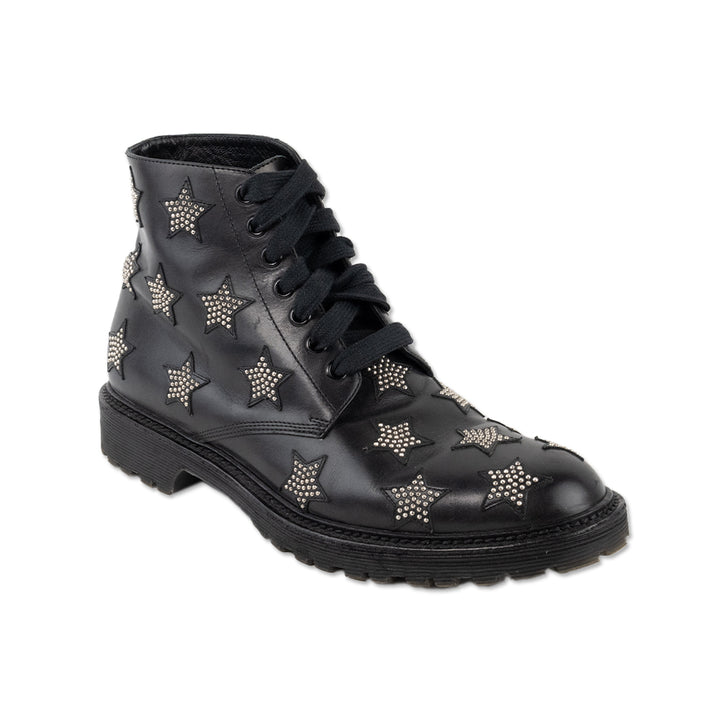 Saint Laurent Black Leather Lace up Star Studded Boots