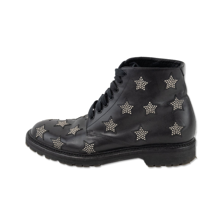 Saint Laurent Black Leather Lace up Star Studded Boots