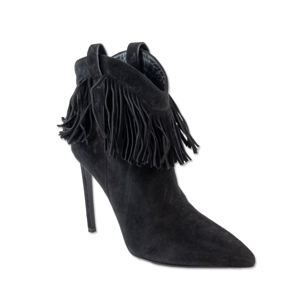 Saint Laurent Black Suede Fringed Stiletto Ankle Booties