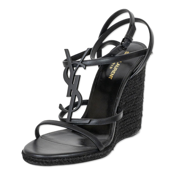 Saint Laurent Cassandra Black Leather Monogram Espadrille Wedge Sandals