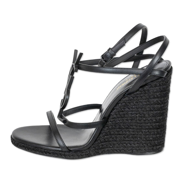 Saint Laurent Cassandra Black Leather Monogram Espadrille Wedge Sandals