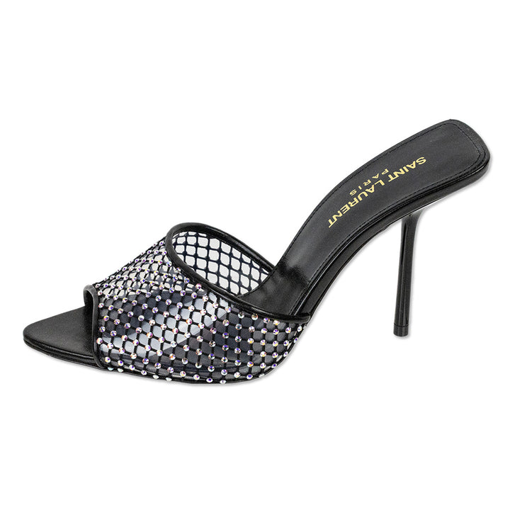 Saint Laurent Disco PVC Crystal Mesh Black Leather Mules