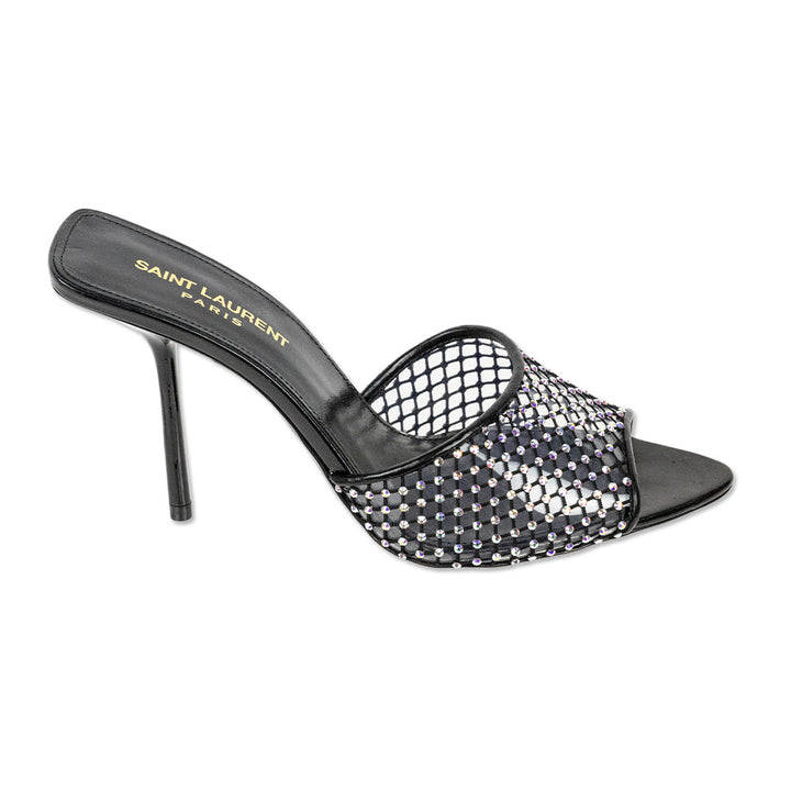 Saint Laurent Disco PVC Crystal Mesh Black Leather Mules