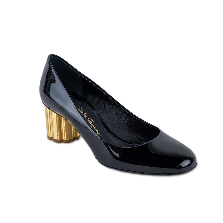 Salvatore Ferragamo Avola 85 Black Patent Leather Gold Flower Heel Pumps