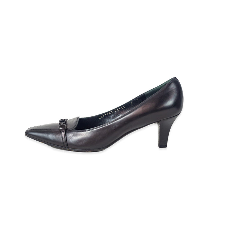 Salvatore Ferragamo Black Leather Horsebit Strap Accent Kitten Heel